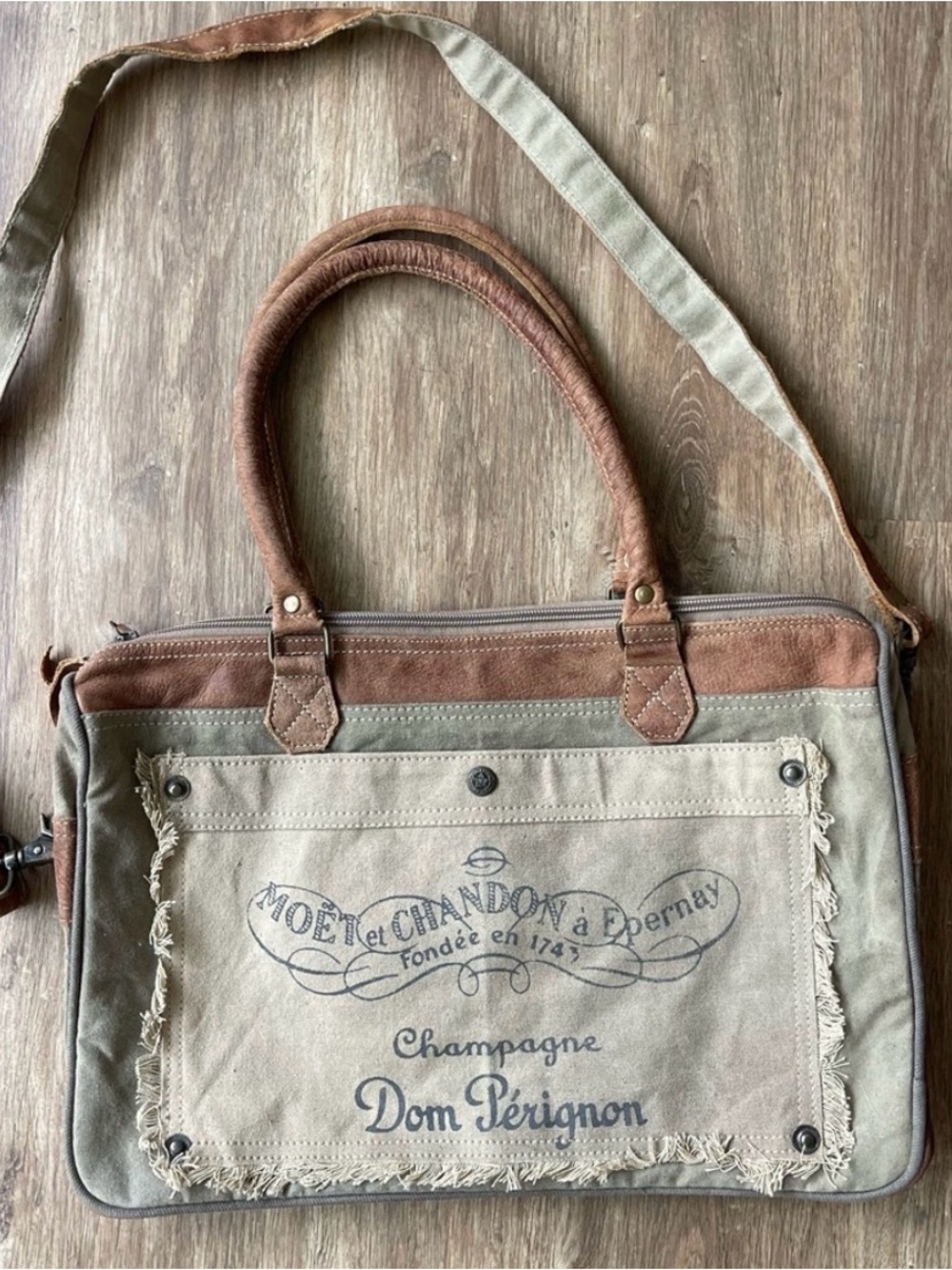 MYRA BAG Champagne Dom Perignon Upcycled Canvas/Genuine Leather Messenger Bag